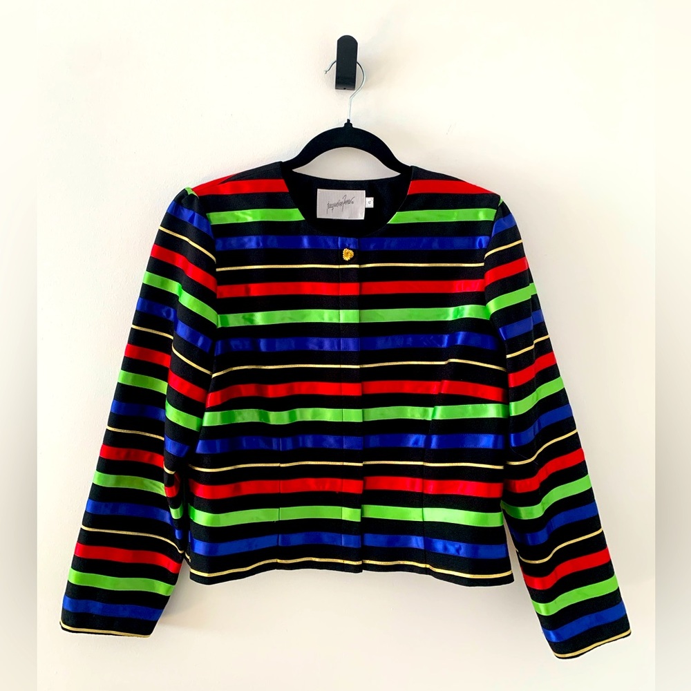 Jacqueline Ferrar Vintage Ribbon Striped Box Jacket Womens Size 10 Rainbow Gold